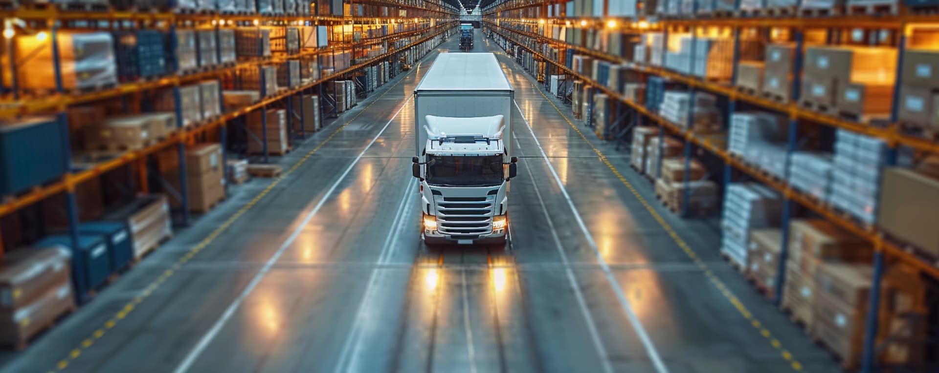 A truck driving through a large warehouse facility
