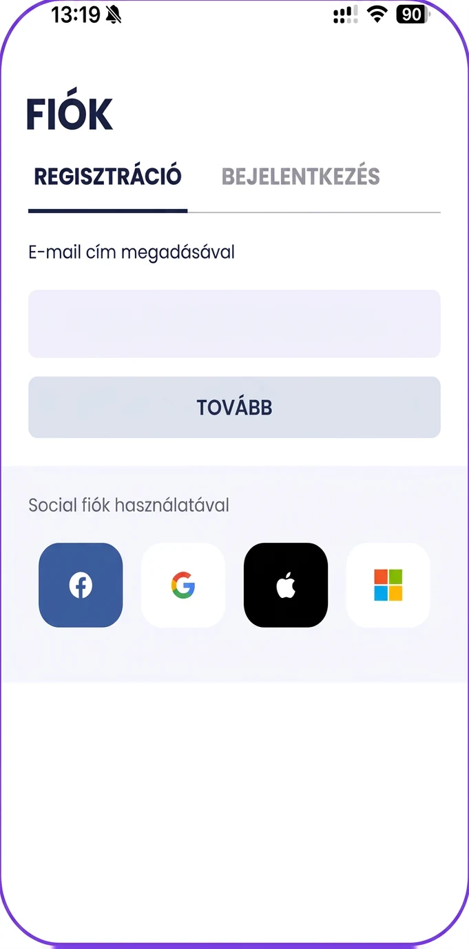 Parkl app – fiók regisztrációja