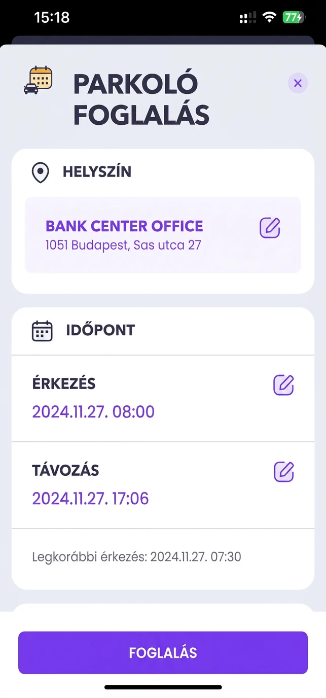 Parkolóhely foglalása helyszínnel és érkezési, távozási időponttal